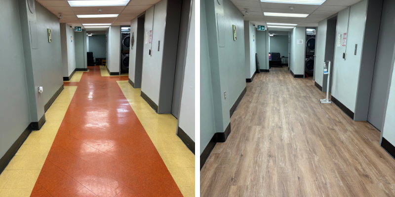 Side-by-side comparison of a hallway before and after renovations — the left shows old yellow and orange tile flooring, and the right shows new wood-style flooring for a modern, refreshed look.
