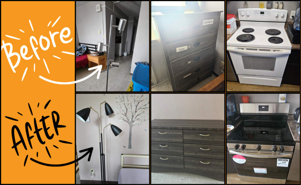 Collage showing before-and-after photos of furniture and appliances at Wesley Supportive Housing. The top row labeled “Before” shows an old dresser with labels, a mismatched nightstand and lamps, and a worn white stove. The bottom row labeled “After” displays a new modern floor lamp, a sturdy dresser with ample storage, and a new stainless steel stove.