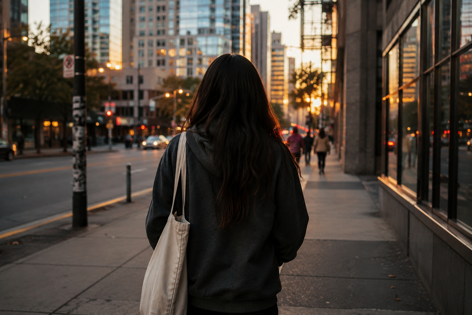 Young woman seen from behind walking along a city sidewalk at sunset, carrying a tote bag.