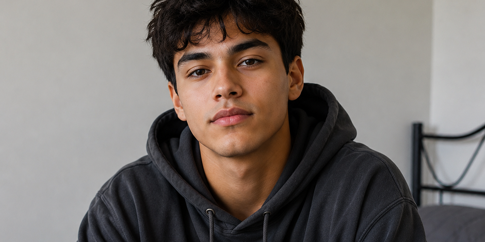 A young man wearing a dark hoodie sits in a bedroom, looking calmly at the camera.