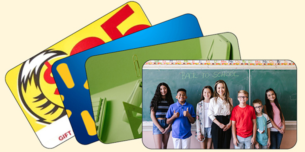 Examples of gift cards and what they can support, including Giant Tiger and Walmart, and school supplies.