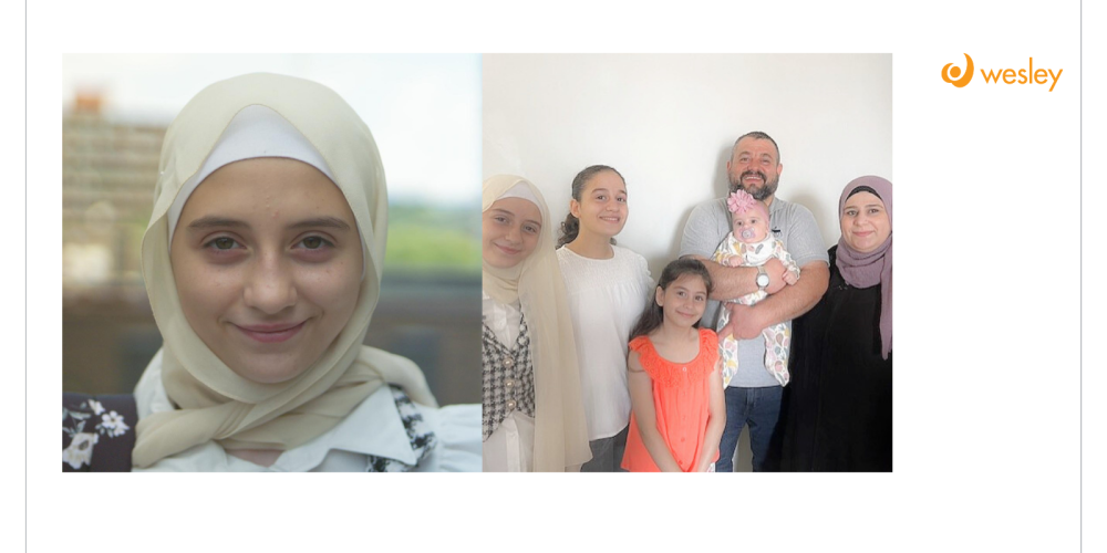 A woman in a light hijab smiles outdoors; next to her, a man and woman stand with four children against a plain background.