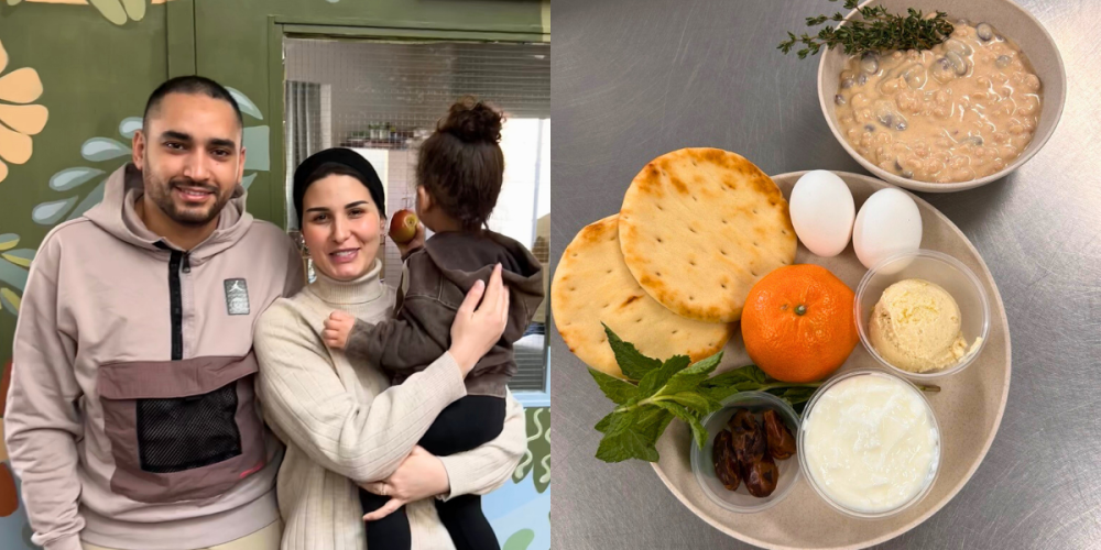 On the left, two adults and a child stand together and smile. On the right, a plate holds flatbreads, eggs, an orange, dates, herbs, and small bowls of various ingredients.