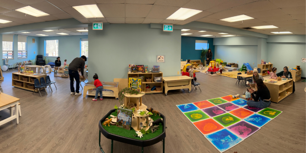Renovated EarlyON Centre space with colorful furniture for families and children.