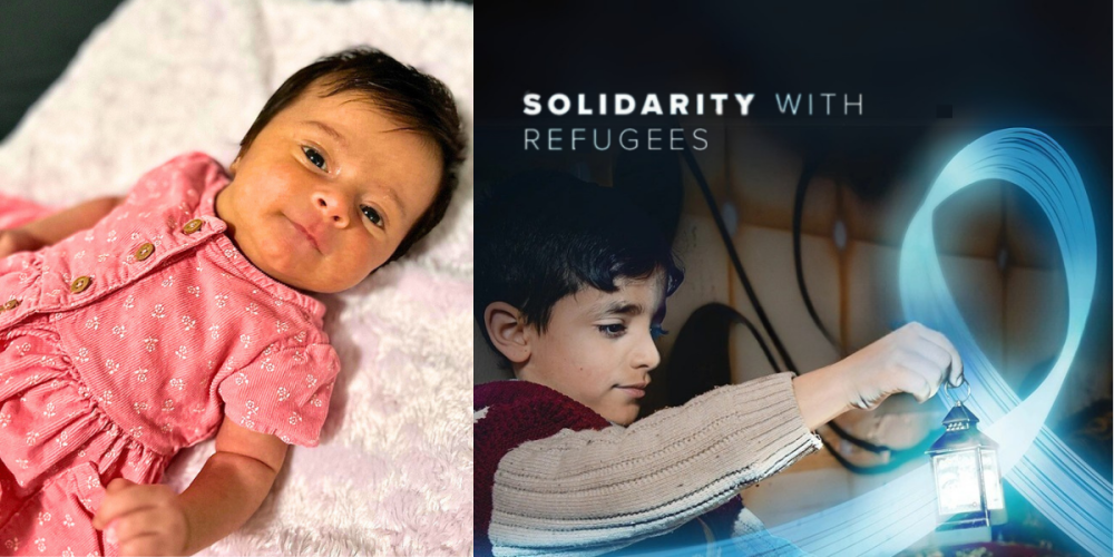 A split image. On the left, a baby lies on a soft white blanket, wearing a pink outfit with wooden buttons and looking calmly at the camera. On the right, a young boy in a sweater holds a glowing lantern in a dimly lit space, with the words “Solidarity with Refugees” above him.