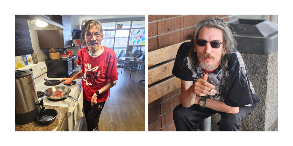 Side-by-side photos of the same man. On the left, he smiles while cooking in a bright apartment kitchen, wearing a red T-shirt. On the right, he sits outside on a wooden bench against a brick wall, wearing sunglasses and a black graphic T-shirt, looking relaxed and confident.