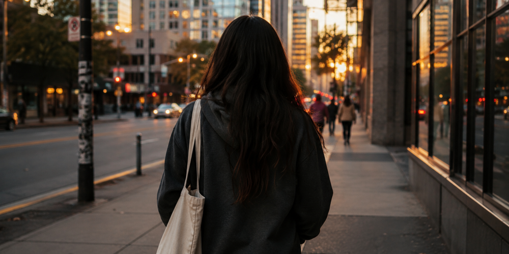 Young woman seen from behind walking along a city sidewalk at sunset, carrying a tote bag.