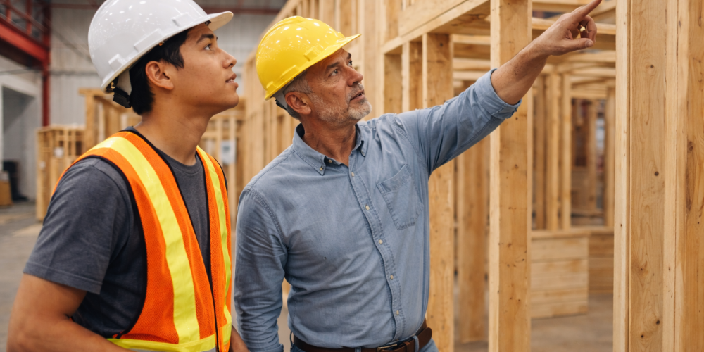 Two construction workers wearing hard hats review a wooden building frame inside a warehouse. One worker in a yellow hard hat points toward the upper structure while explaining something, as the other worker in a white hard hat and high-visibility safety vest looks on attentively.