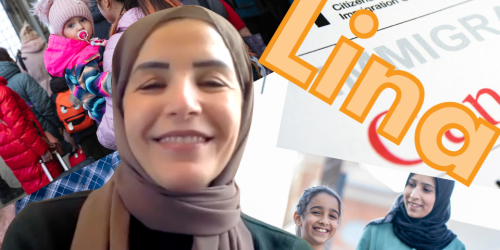 A woman in a hijab smiling, with the name Lina overlaid. Behind her are images of families, children, and an immigration form marked Canada.