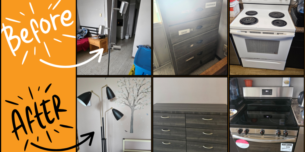 Collage showing before-and-after photos of furniture and appliances at Wesley Supportive Housing. The top row labeled “Before” shows an old dresser with labels, a mismatched nightstand and lamps, and a worn white stove. The bottom row labeled “After” displays a new modern floor lamp, a sturdy dresser with ample storage, and a new stainless steel stove.