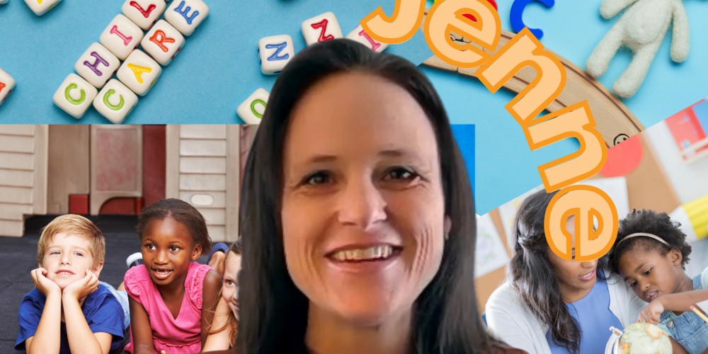A smiling woman is centered in a collage with colourful letter blocks, playful children, a teddy bear, and the name “Jenne” in large orange letters.